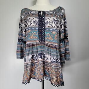 One World Bell Sleeve Boho Tunic Top Womens Size S Artsy Hippie Whimsy Peasant